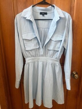 Lulu's Light Blue Long-Sleeve Shirt Dress with Pockets
